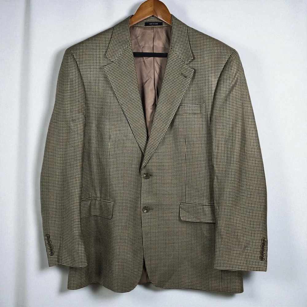 Chaps‎ Blazer Men 42R 100% Silk Houndstooth Beige Brown Blue 2 Button Academia